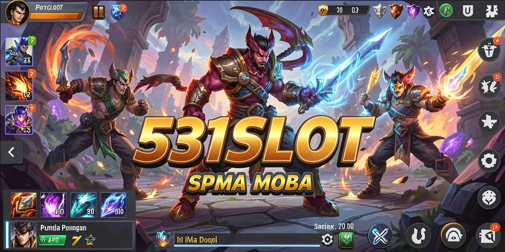 Tangkapan layar utama 531SLOT menampilkan aksi pertarungan seru di arena MOBA.