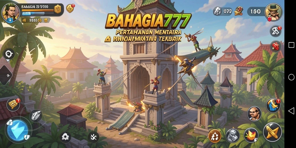 Tampilan layar permainan BAHAGIA777 dengan menara bertahan melawan gelombang musuh.