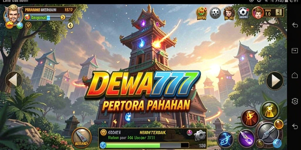 Tangkapan layar utama DEWA777 menampilkan aksi seru pertahanan menara.