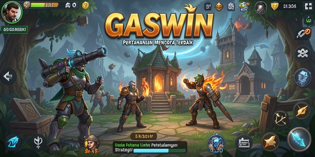 Screenshot gameplay <strong>GASWIN</strong> menampilkan menara dan musuh yang epik.