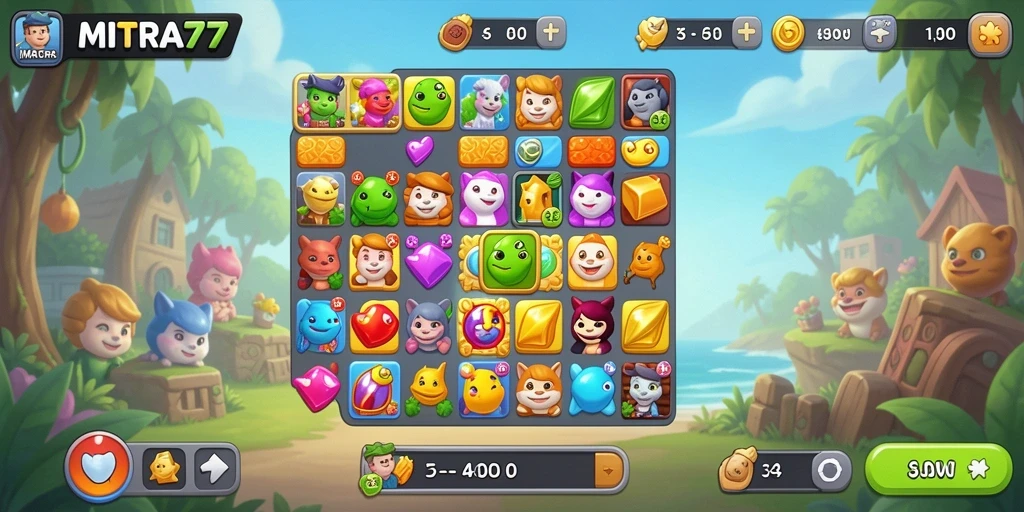Screenshot gameplay MITRA77 menunjukkan suasana seru dan tantangan mencocokkan tiga.