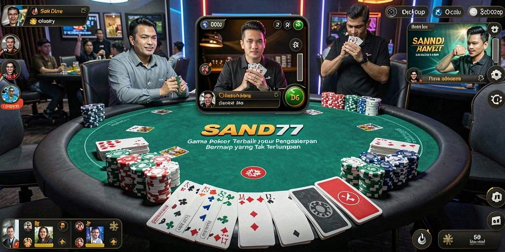Gambaran umum gameplay SAND77 dengan aksi poker yang seru.